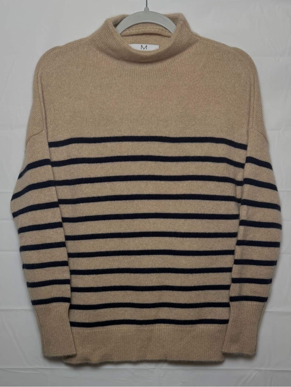 Magaschoni Women’s Cashmere Beige Turtleneck Sweater with Navy Stripes, S. NWOT